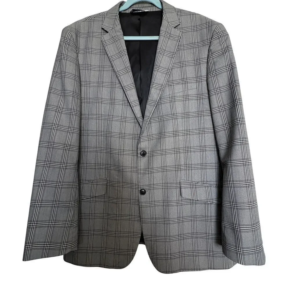Kilburne + Finch Plaid Sport Coat Gray Black Blazer 46L Tailored Fit workwear